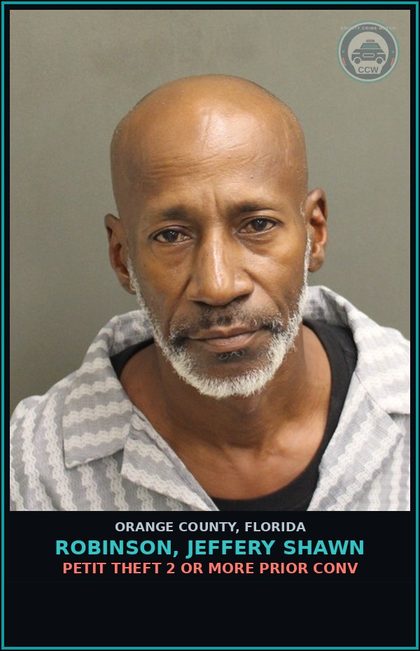 CCW arrest card for ROBINSON, JEFFERY SHAWN in Orange County: PETIT THEFT 2 OR MORE PRIOR CONV
