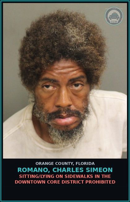 CCW arrest card for ROMANO, CHARLES SIMEON in Orange County: SITTING/LYING ON SIDEWALKS IN THE DOWNTOWN CORE DISTRICT PROHIBITED