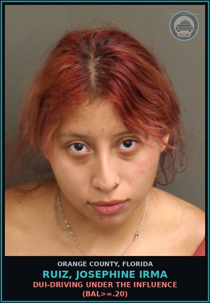 CCW arrest card for RUIZ, JOSEPHINE IRMA in Orange County: DUI-DRIVING UNDER THE INFLUENCE (BAL>=.20)