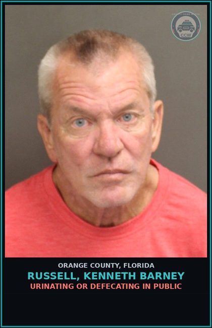 CCW arrest card for RUSSELL, KENNETH BARNEY in Orange County: URINATING OR DEFECATING IN PUBLIC