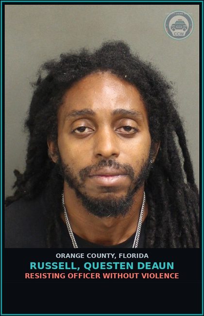 CCW arrest card for RUSSELL, QUESTEN DEAUN in Orange County: OUT-OF-COUNTY WARRANT-OUT-OF-COUNTY WARRANT