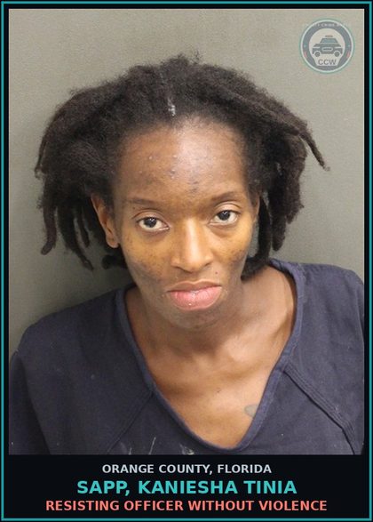 CCW arrest card for SAPP, KANIESHA TINIA in Orange County: RESISTING OFFICER WITHOUT VIOLENCE