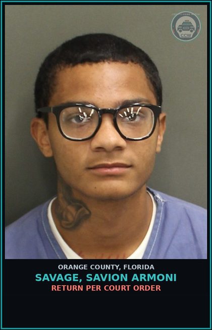 CCW arrest card for SAVAGE, SAVION ARMONI in Orange County: RETURN PER COURT ORDER