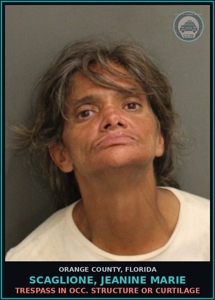 CCW arrest card for SCAGLIONE, JEANINE MARIE in Orange County: TRESPASS IN OCC. STRUCTURE OR CURTILAGE