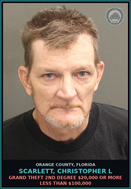 CCW arrest card for SCARLETT, CHRISTOPHER L in Orange County: GRAND THEFT 2ND DEGREE $20,000 OR MORE LESS THAN $100,000