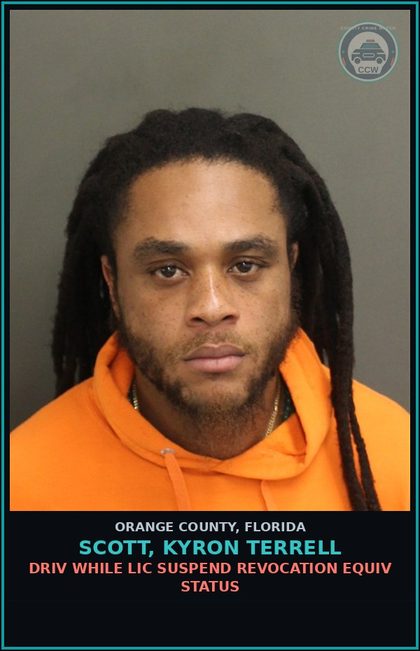 CCW arrest card for SCOTT, KYRON TERRELL in Orange County: DRIV WHILE LIC SUSPEND REVOCATION EQUIV STATUS