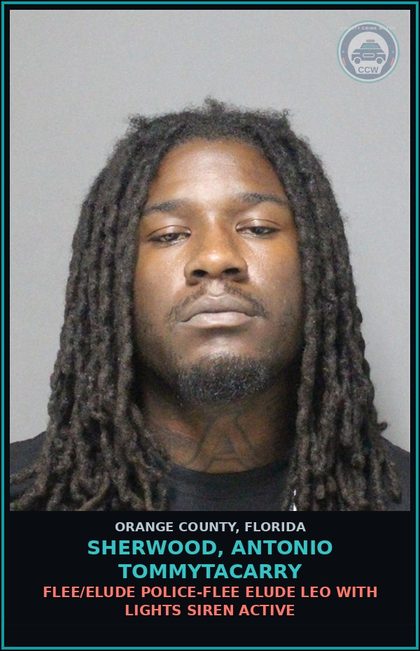 CCW arrest card for SHERWOOD, ANTONIO TOMMYTACARRY in Orange County: FLEE/ELUDE POLICE-FLEE ELUDE LEO WITH LIGHTS SIREN ACTIVE