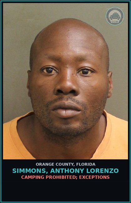 CCW arrest card for SIMMONS, ANTHONY LORENZO in Orange County: CAMPING PROHIBITED; EXCEPTIONS