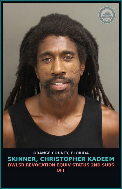 CCW arrest card for SKINNER, CHRISTOPHER KADEEM in Orange County: DWLSR REVOCATION EQUIV STATUS 2ND SUBS OFF