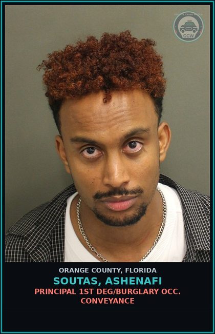 CCW arrest card for SOUTAS, ASHENAFI in Orange County: PRINCIPAL 1ST DEG/BURGLARY OCC. CONVEYANCE