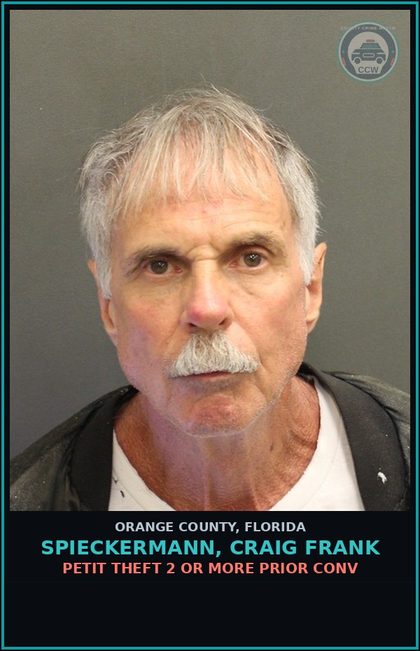 CCW arrest card for SPIECKERMANN, CRAIG FRANK in Orange County: PETIT THEFT 2 OR MORE PRIOR CONV