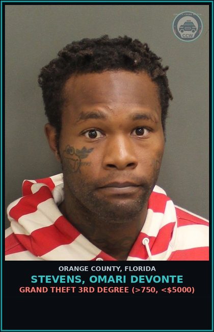 CCW arrest card for STEVENS, OMARI DEVONTE in Orange County: GRAND THEFT 3RD DEGREE (>750, <$5000)
