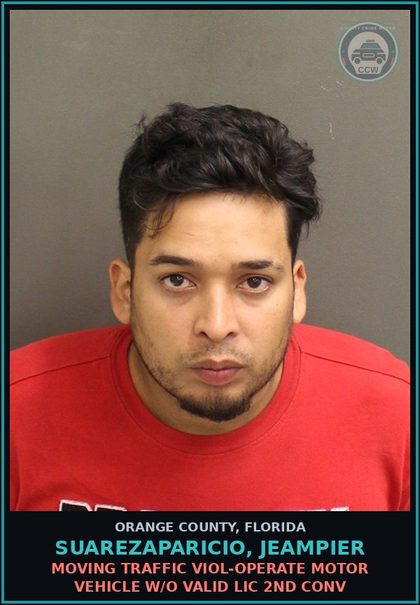 CCW arrest card for SUAREZAPARICIO, JEAMPIER in Orange County: MOVING TRAFFIC VIOL-OPERATE MOTOR VEHICLE W/O VALID LIC 2ND CONV