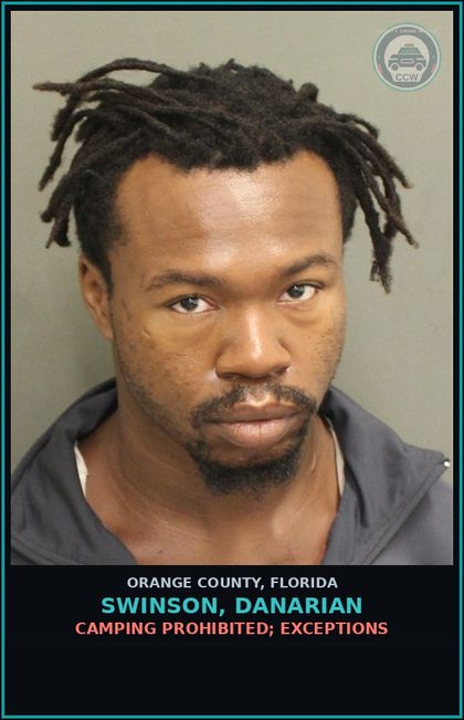 CCW arrest card for SWINSON, DANARIAN in Orange County: CAMPING PROHIBITED; EXCEPTIONS