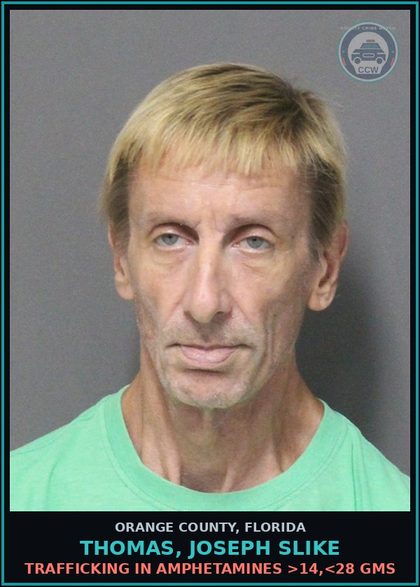CCW arrest card for THOMAS, JOSEPH SLIKE in Orange County: TRAFFICKING IN AMPHETAMINES >14,<28 GMS