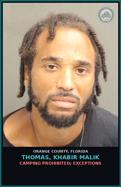 CCW arrest card for THOMAS, KHABIR MALIK in Orange County: CAMPING PROHIBITED; EXCEPTIONS