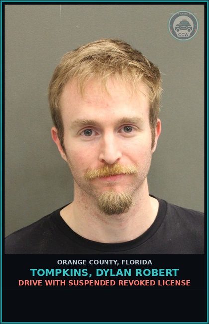 CCW arrest card for TOMPKINS, DYLAN ROBERT in Orange County: DRIVE WITH SUSPENDED REVOKED LICENSE