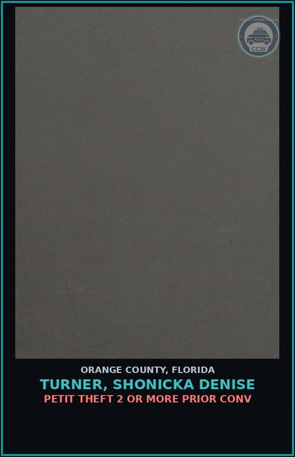 CCW arrest card for TURNER, SHONICKA DENISE in Orange County: PETIT THEFT 2 OR MORE PRIOR CONV