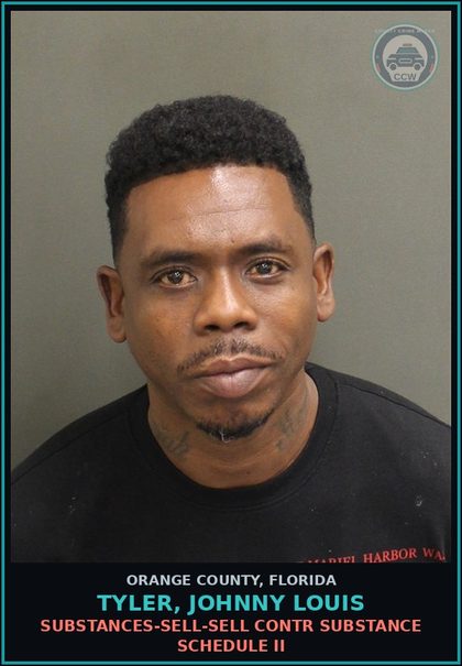 CCW arrest card for TYLER, JOHNNY LOUIS in Orange County: DRUGS-SELL-SELL contr substance SCHEDULE II