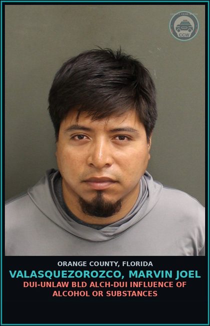 CCW arrest card for VALASQUEZOROZCO, MARVIN JOEL in Orange County: DUI-UNLAW BLD ALCH-DUI INFLUENCE OF ALCOHOL OR DRUGS