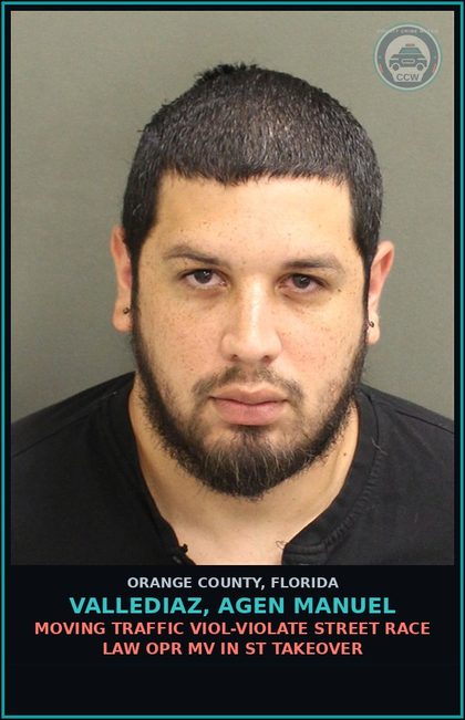 CCW arrest card for VALLEDIAZ, AGEN MANUEL in Orange County: MOVING TRAFFIC VIOL-VIOLATE STREET RACE LAW OPR MV IN ST TAKEOVER