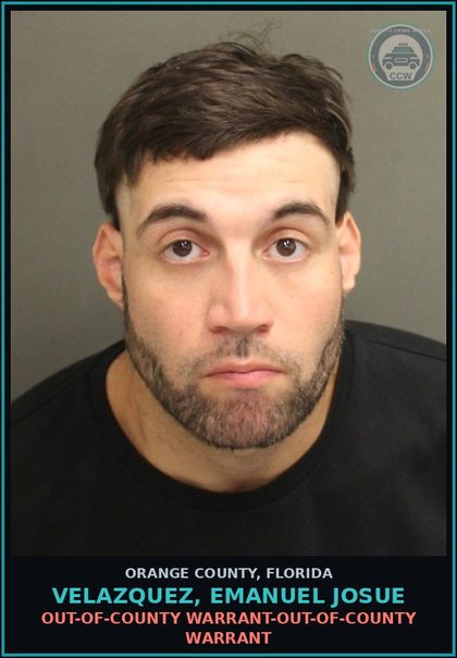 CCW arrest card for VELAZQUEZ, EMANUEL JOSUE in Orange County: OUT-OF-COUNTY WARRANT-OUT-OF-COUNTY WARRANT