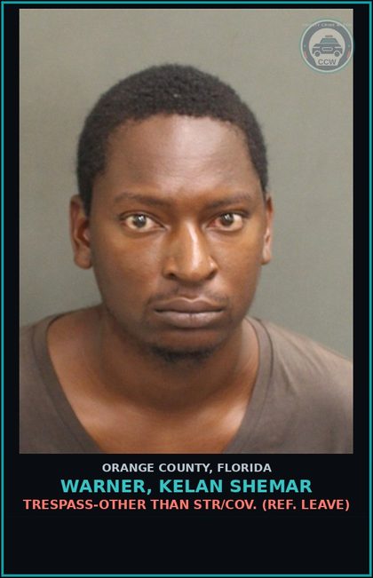 CCW arrest card for WARNER, KELAN SHEMAR in Orange County: TRESPASS-OTHER THAN STR/COV. (REF. LEAVE)