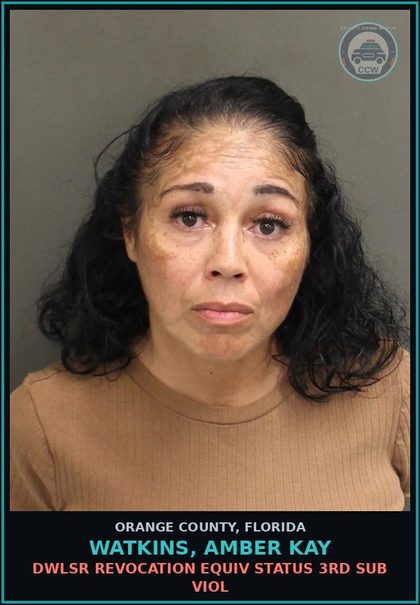 CCW arrest card for WATKINS, AMBER KAY in Orange County: DWLSR REVOCATION EQUIV STATUS 3RD SUB VIOL