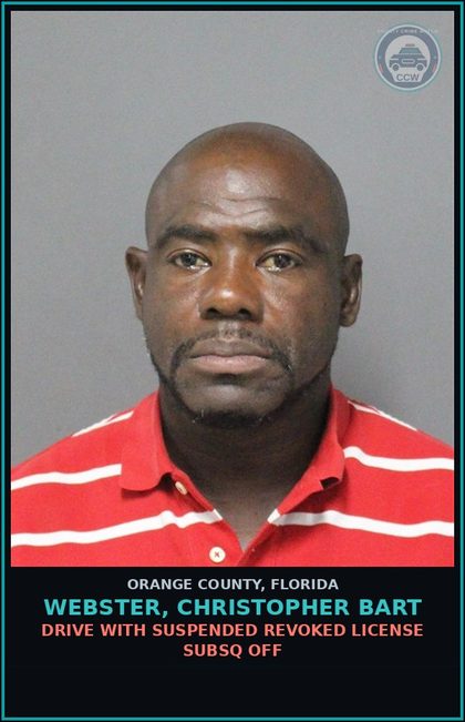 CCW arrest card for WEBSTER, CHRISTOPHER BART in Orange County: DRIVE WITH SUSPENDED REVOKED LICENSE SUBSQ OFF