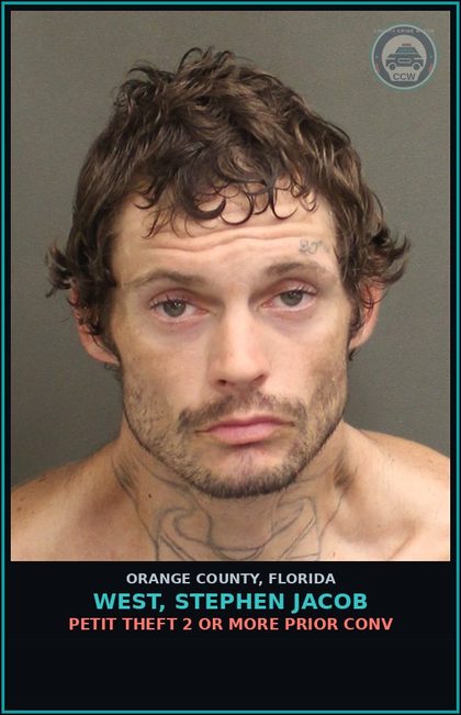 CCW arrest card for WEST, STEPHEN JACOB in Orange County: PETIT THEFT 2 OR MORE PRIOR CONV