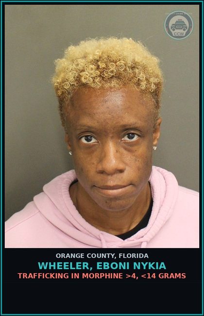 CCW arrest card for WHEELER, EBONI NYKIA in Orange County: TRAFFICKING IN MORPHINE >4, <14 GRAMS