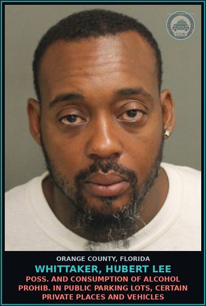 CCW arrest card for WHITTAKER, HUBERT LEE in Orange County: POSS. AND CONSUMPTION OF ALCOHOL PROHIB. IN PUBLIC PARKING LOTS, CERTAIN PRIVATE PLACES AND VEHICLES