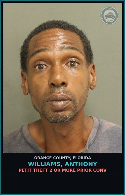 CCW arrest card for WILLIAMS, ANTHONY in Orange County: PETIT THEFT 2 OR MORE PRIOR CONV