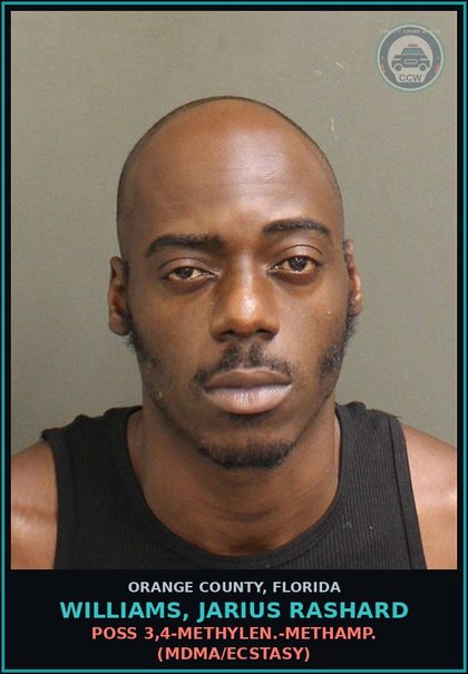 CCW arrest card for WILLIAMS, JARIUS RASHARD in Orange County: POSS 3,4-METHYLEN.-METHAMP. (MDMA/ECSTASY)