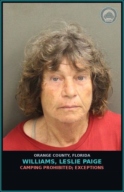 CCW arrest card for WILLIAMS, LESLIE PAIGE in Orange County: CAMPING PROHIBITED; EXCEPTIONS