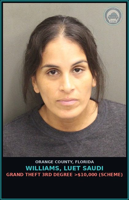 CCW arrest card for WILLIAMS, LUET SAUDI in Orange County: GRAND THEFT 3RD DEGREE >$10,000 (SCHEME)