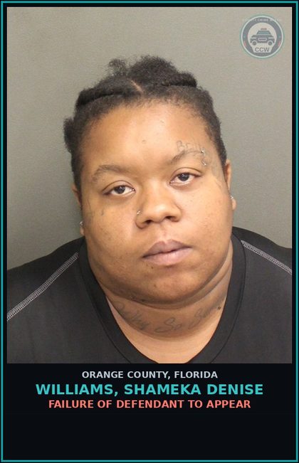 CCW arrest card for WILLIAMS, SHAMEKA DENISE in Orange County: FAILURE OF DEFENDANT TO APPEAR