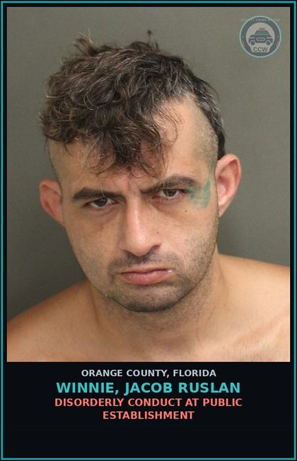 CCW arrest card for WINNIE, JACOB RUSLAN in Orange County: DISORDERLY CONDUCT AT PUBLIC ESTABLISHMENT