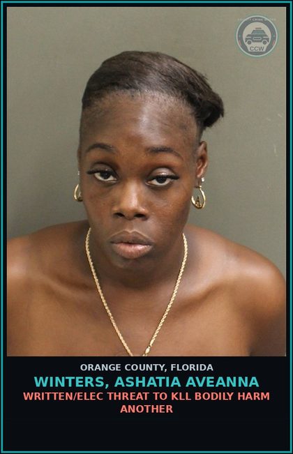 CCW arrest card for WINTERS, ASHATIA AVEANNA in Orange County: WRITTEN/ELEC THREAT TO KILL BODILY HARM ANOTHER