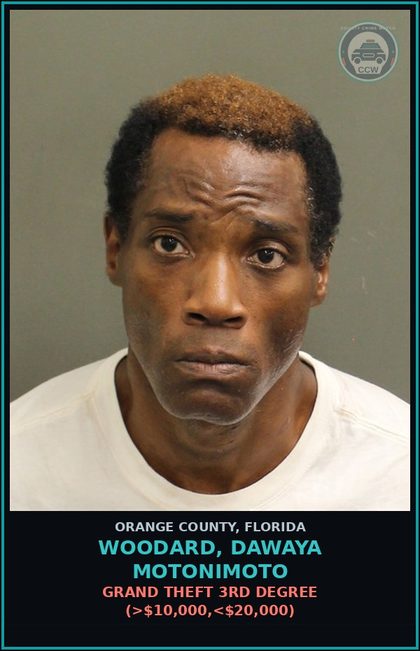 CCW arrest card for WOODARD, DAWAYA MOTONIMOTO in Orange County: GRAND THEFT 3RD DEGREE (>$10,000,<$20,000)