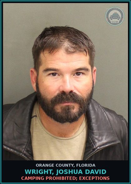 CCW arrest card for WRIGHT, JOSHUA DAVID in Orange County: CAMPING PROHIBITED; EXCEPTIONS
