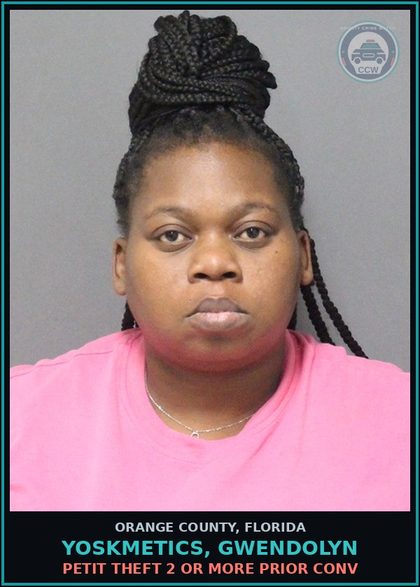 CCW arrest card for YOSKMETICS, GWENDOLYN in Orange County: PETIT THEFT 2 OR MORE PRIOR CONV
