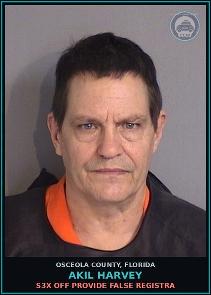 CCW arrest card for AKIL HARVEY in Osceola County: s3x OFF PROVIDE FALSE REGISTRA
