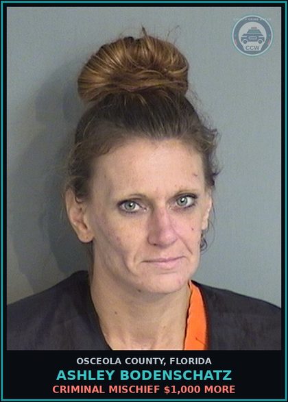 CCW arrest card for ASHLEY BODENSCHATZ in Osceola County: CRIMINAL MISCHIEF $1,000 MORE