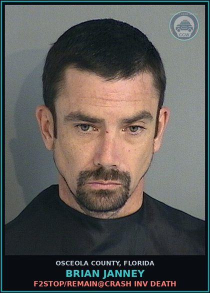 CCW arrest card for BRIAN JANNEY in Osceola County: F2STOP/REMAIN@CRASH INV DEATH