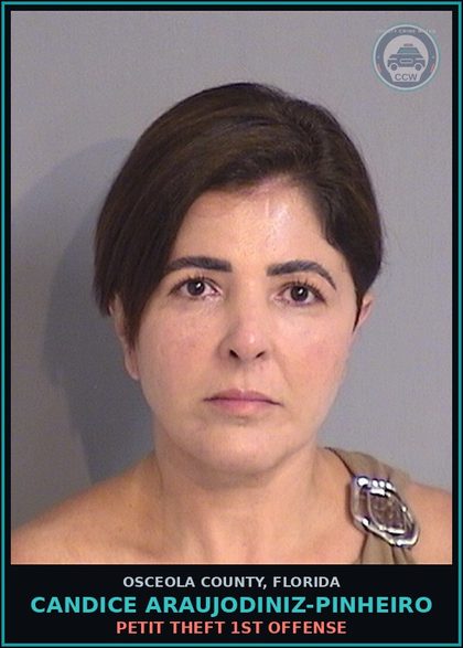 CCW arrest card for CANDICE ARAUJODINIZ-PINHEIRO in Osceola County: PETIT THEFT 1ST OFFENSE