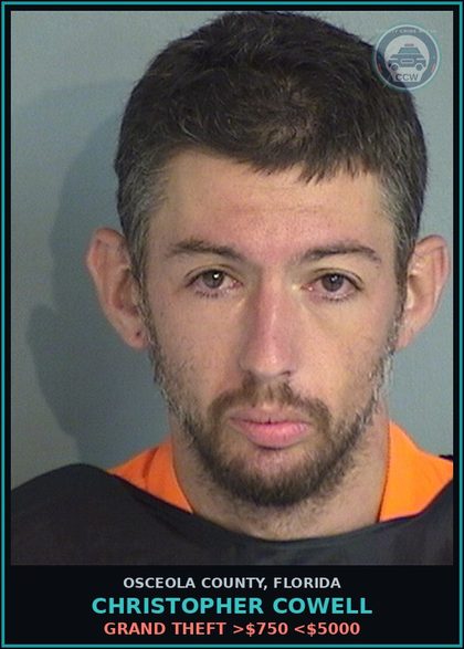 CCW arrest card for CHRISTOPHER COWELL in Osceola County: GRAND THEFT >$750 <$5000