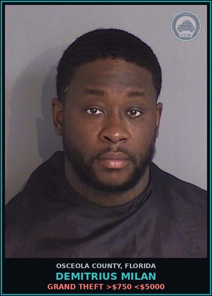 CCW arrest card for DEMITRIUS MILAN in Osceola County: GRAND THEFT >$750 <$5000