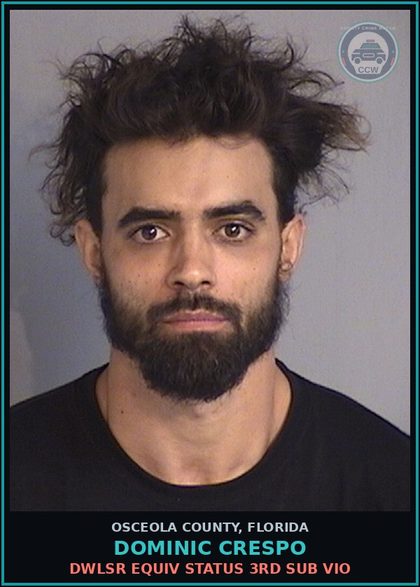 CCW arrest card for DOMINIC CRESPO in Osceola County: DWLSR EQUIV STATUS 3RD SUB VIO