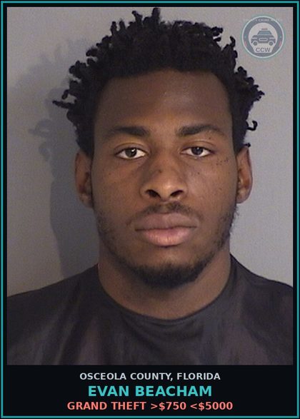CCW arrest card for EVAN BEACHAM in Osceola County, Florida: GRAND THEFT >$750 <$5000